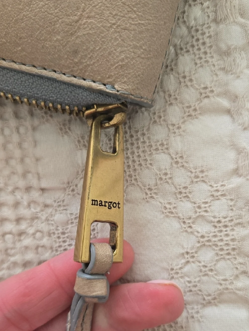 margot Taupe Leather Zip Wristlet Wallet with Blue Trim Normcore Anthropologie